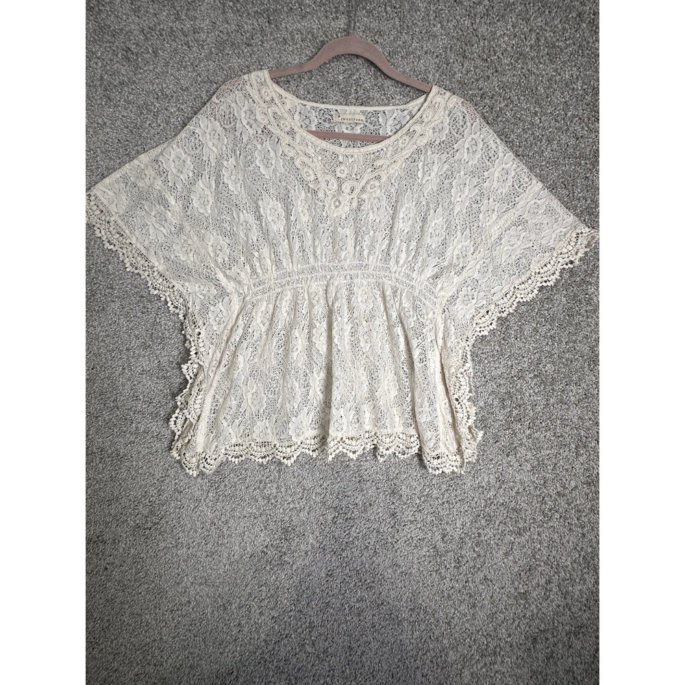Twenty One Cream Lace Crochet Boho‎ Peasant Top Medium Batwing Sleeve